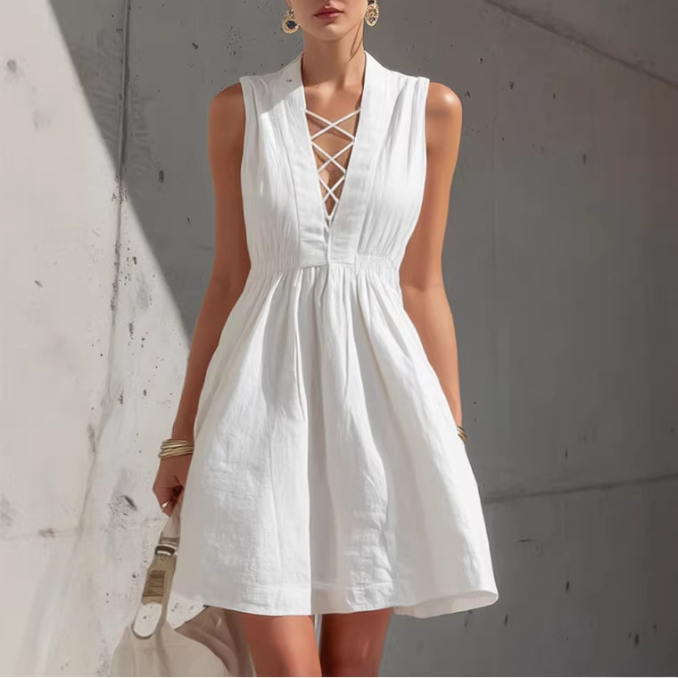 Sleeveless V-Neck Tie-Shoulder A-Line Dress