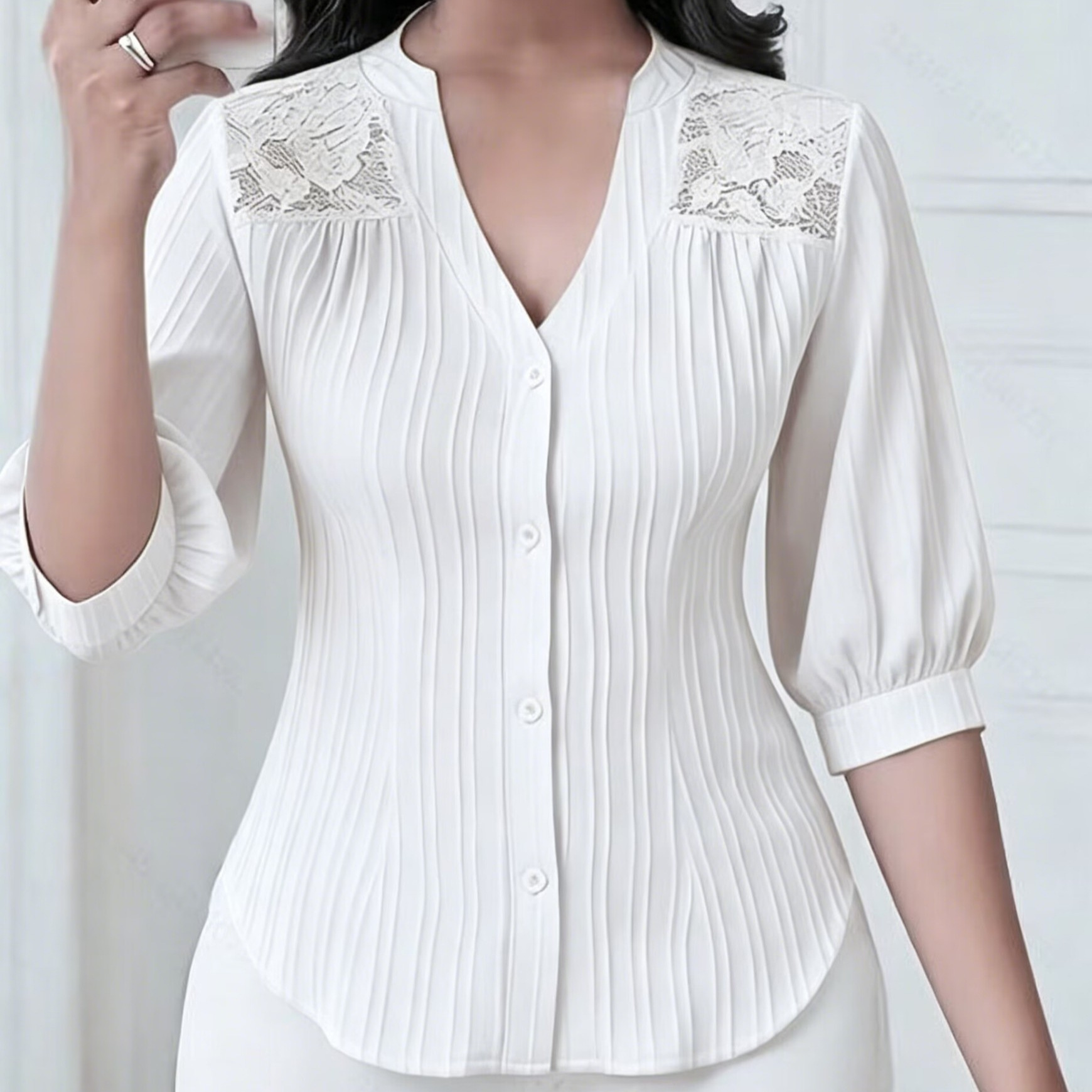 Lace-Trimmed V-Neck Mid-Sleeve Blouse with Pleated Button Front and Curved Hem