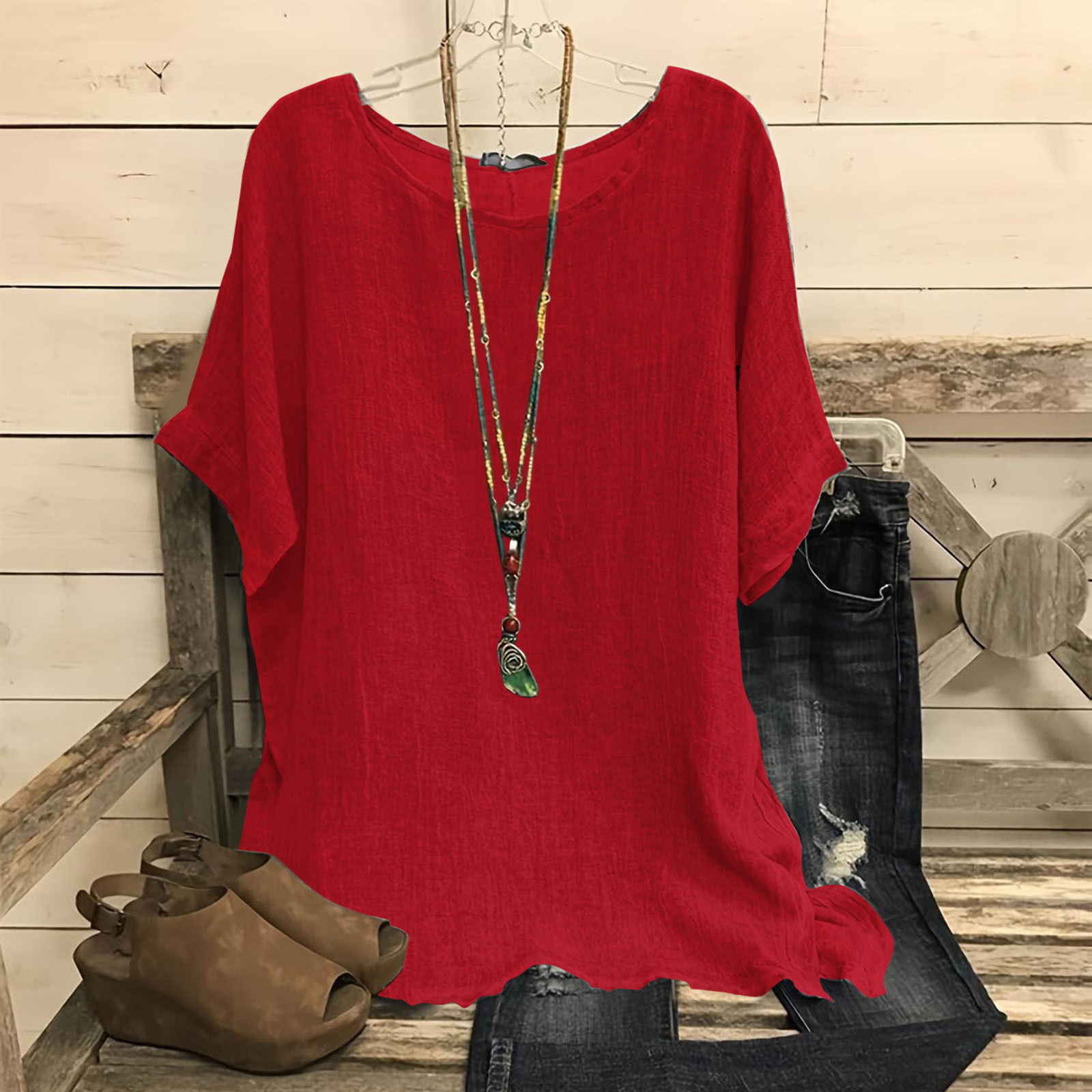 Women's Casual Loose Short Sleeve Solid Color Split Hem Round Neck Top