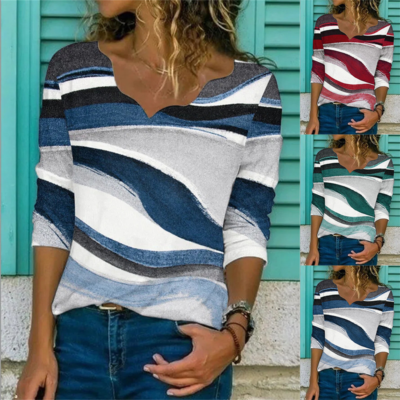 Geometric Print Long Sleeve Lace Collar T-Shirt for Women