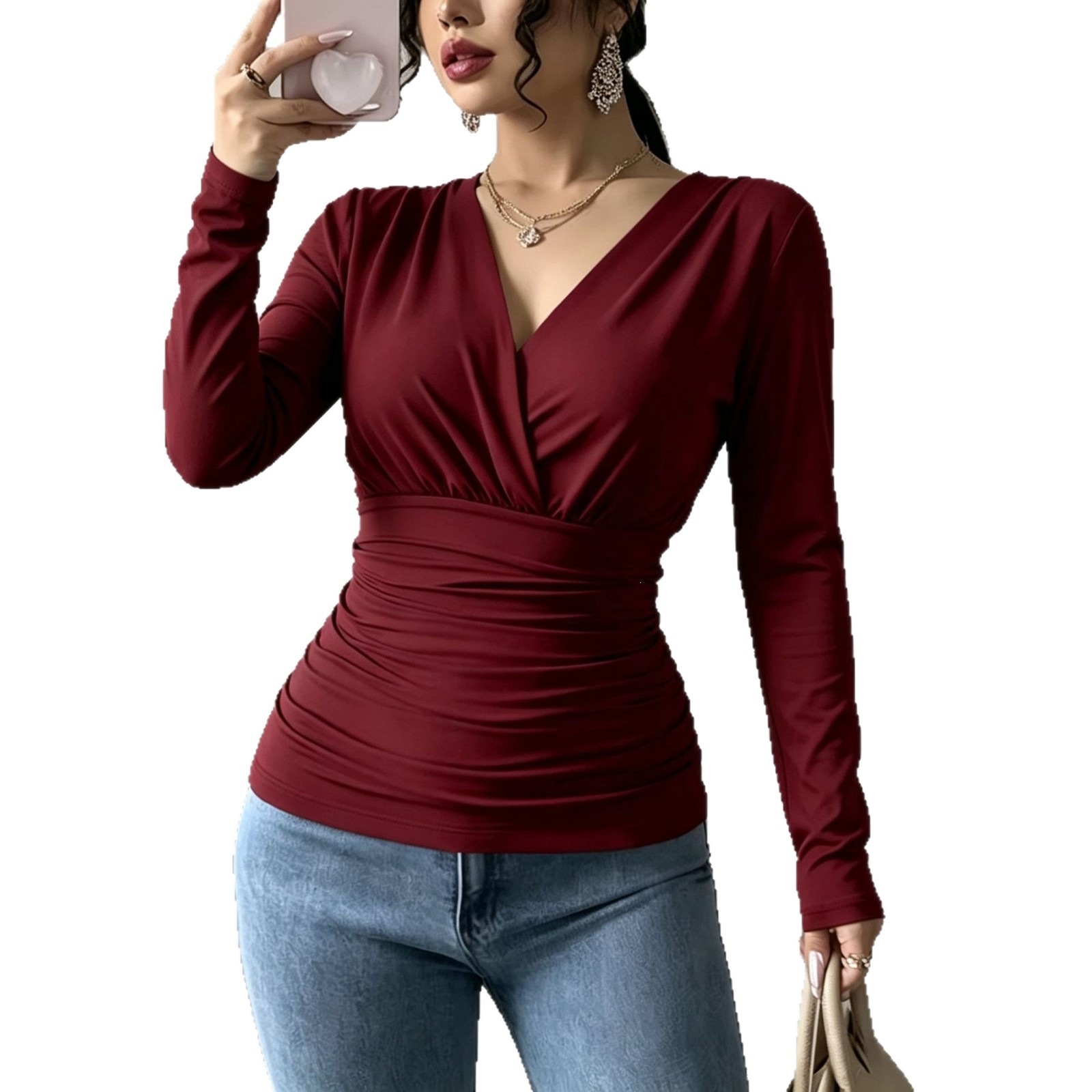 Women's French Cross V-Neck Ruched Waist Slimming Long Sleeve T-Shirt