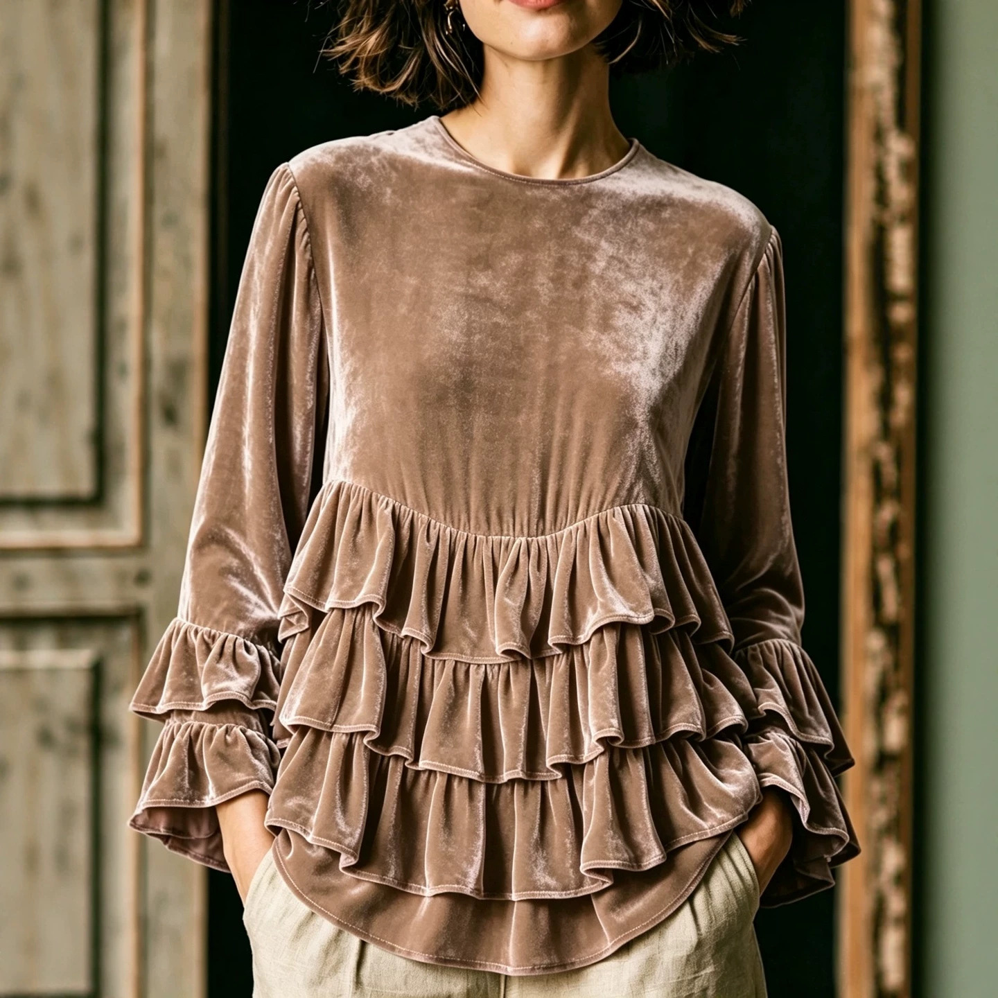 Women's Long Sleeve Ruffle Crewneck Solid Color Loose Casual T-Shirt