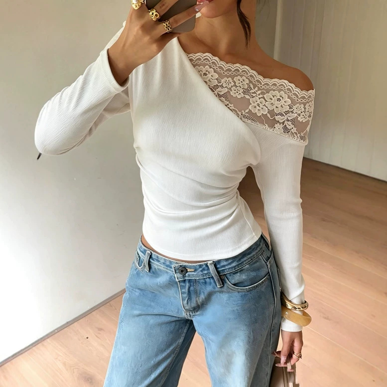 French Lace Panel One-Shoulder Long-Sleeve Fitted Top