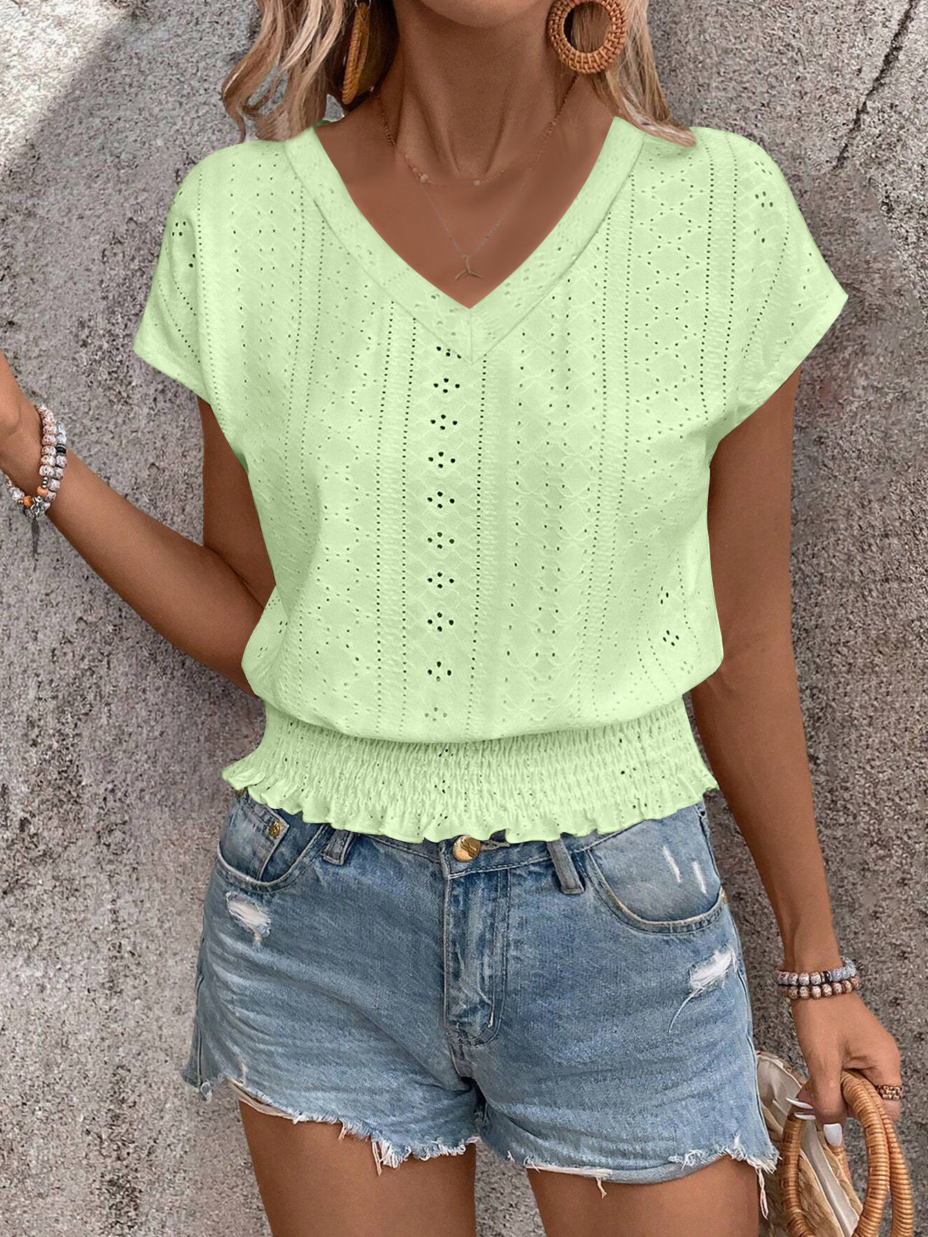 Women's V-Neck Short Sleeve T-Shirt with Court Lock Jacquard and Ruffle Trim