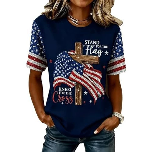 Summer Cross American Print Crewneck Short Sleeve Women's Top