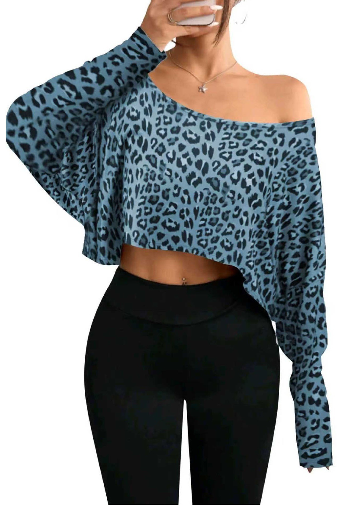Women's One-Shoulder Leopard Print Long-Sleeve Cropped Top
