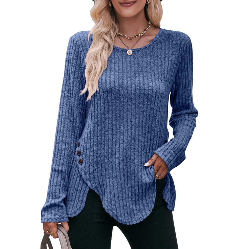 Women's Ribbed Brushed Crewneck Long-Sleeve Button T-Shirt