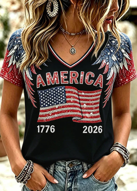 USA Flag 3D Print V-Neck Short Sleeve Women's T-Shirt
