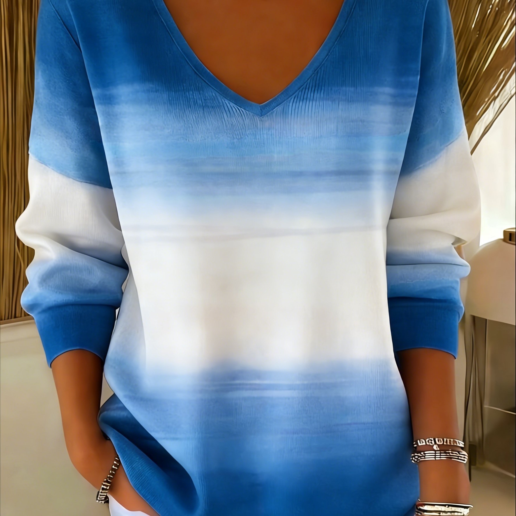 Colorful Leaf Striped V-Neck Long-Sleeve T-Shirt for Women