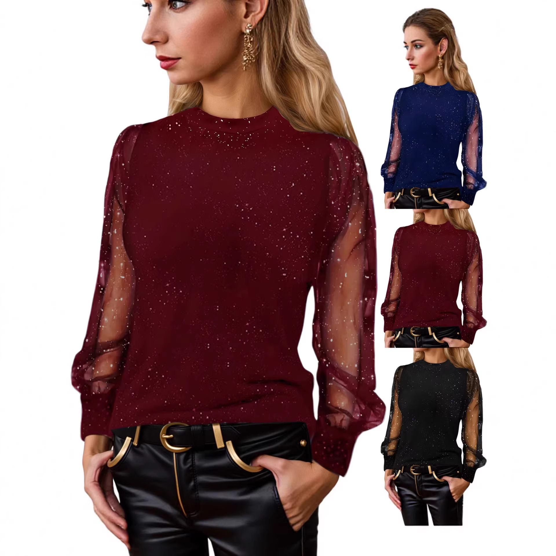 Women's Loose Crewneck Long Sleeve T-Shirt with Lace Mesh Splice