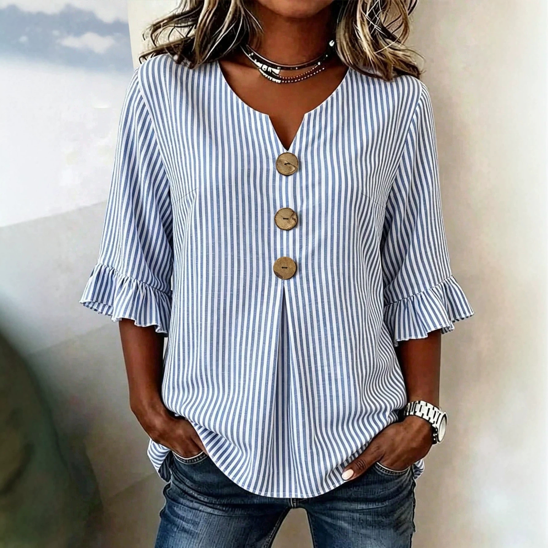 Women's V-Neck Striped Button Ruffle Half-Sleeve Blouse