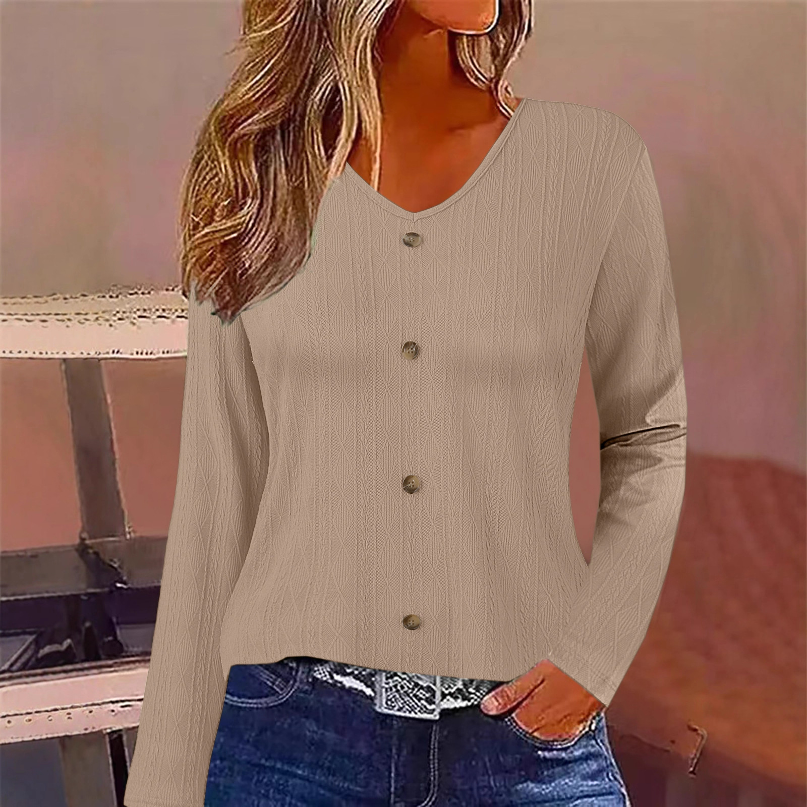 Women's V-Neck Long Sleeve Top Casual Loose Fit Solid Color