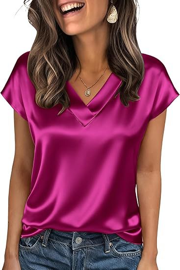Satin V-Neck Short Sleeve Casual T-Shirt for Women