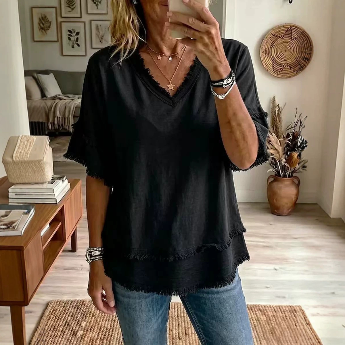 Women's Loose V-Neck Frayed Short-Sleeve T-Shirt Solid Casual Top