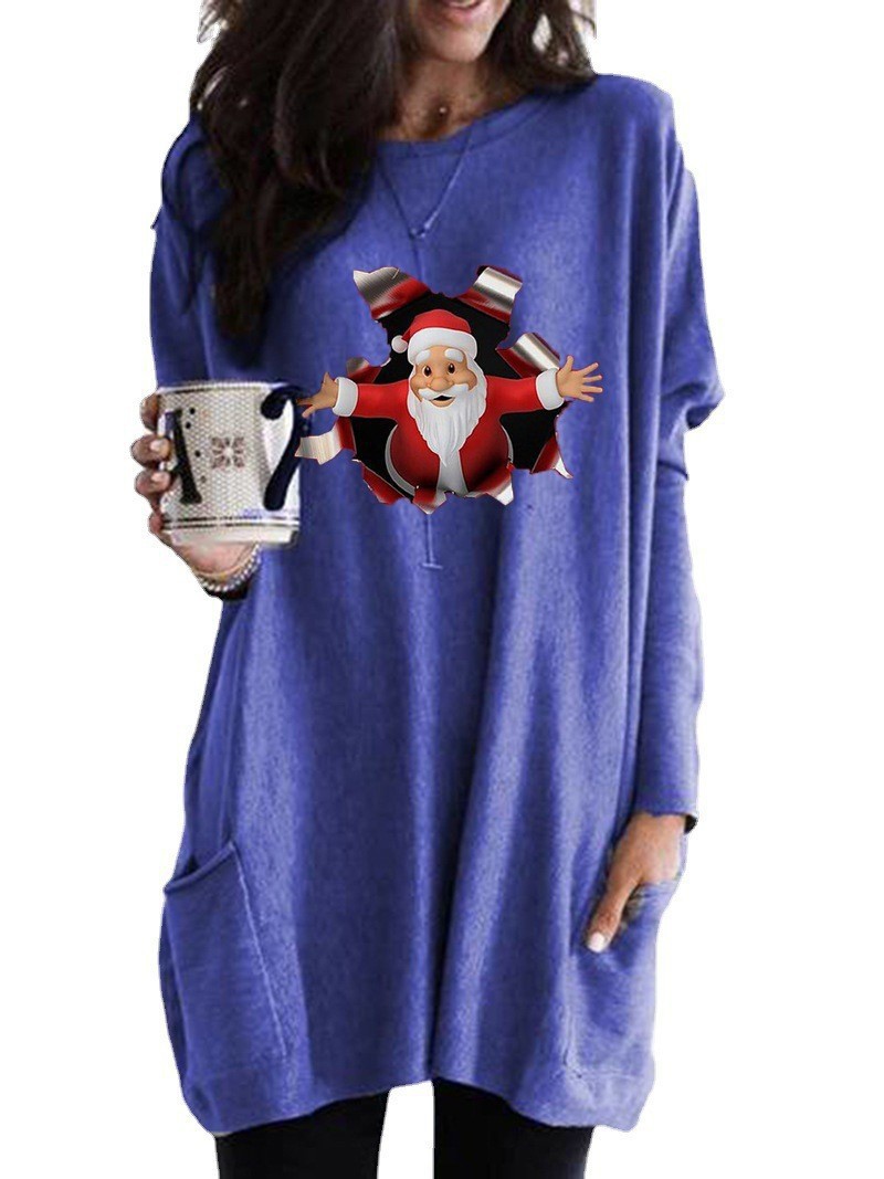 Christmas Santa Print Long Sleeve Crewneck Casual T-Shirt for Women