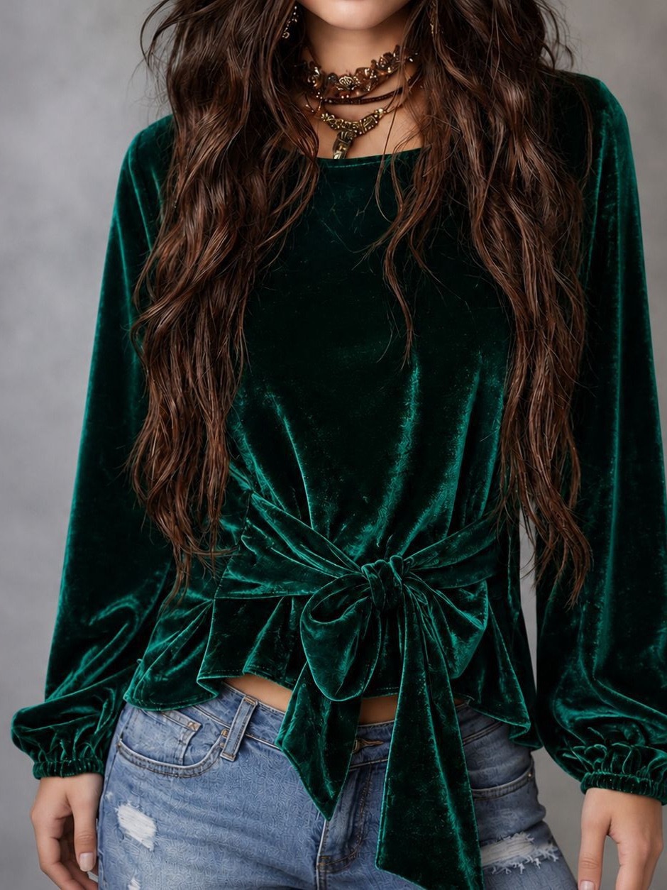 Women's Velvet Long-Sleeve Tie-Bow Slim Fit Top
