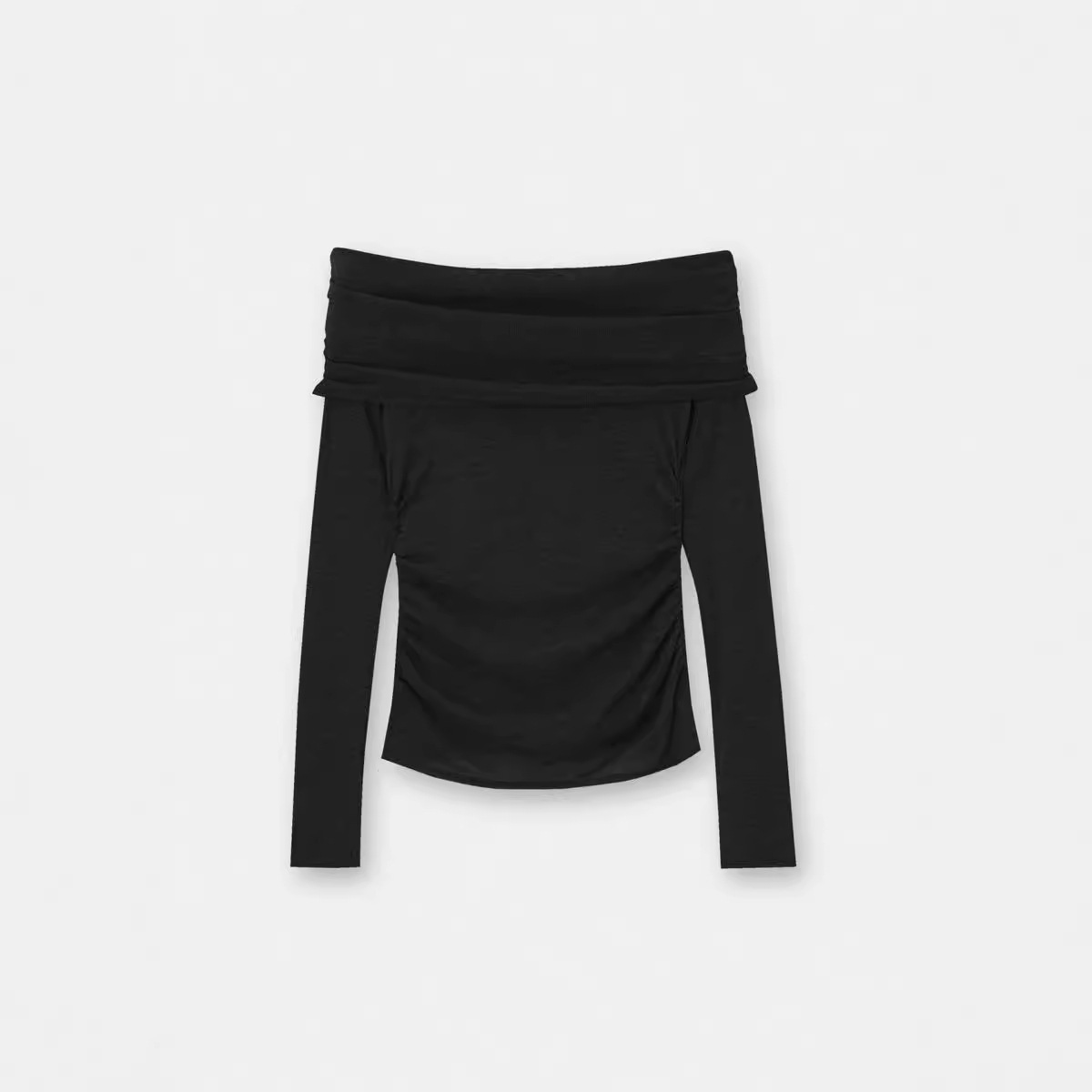 Sexy Off-Shoulder Long-Sleeve T-Shirt Solid Color Slim Fit Cropped Top