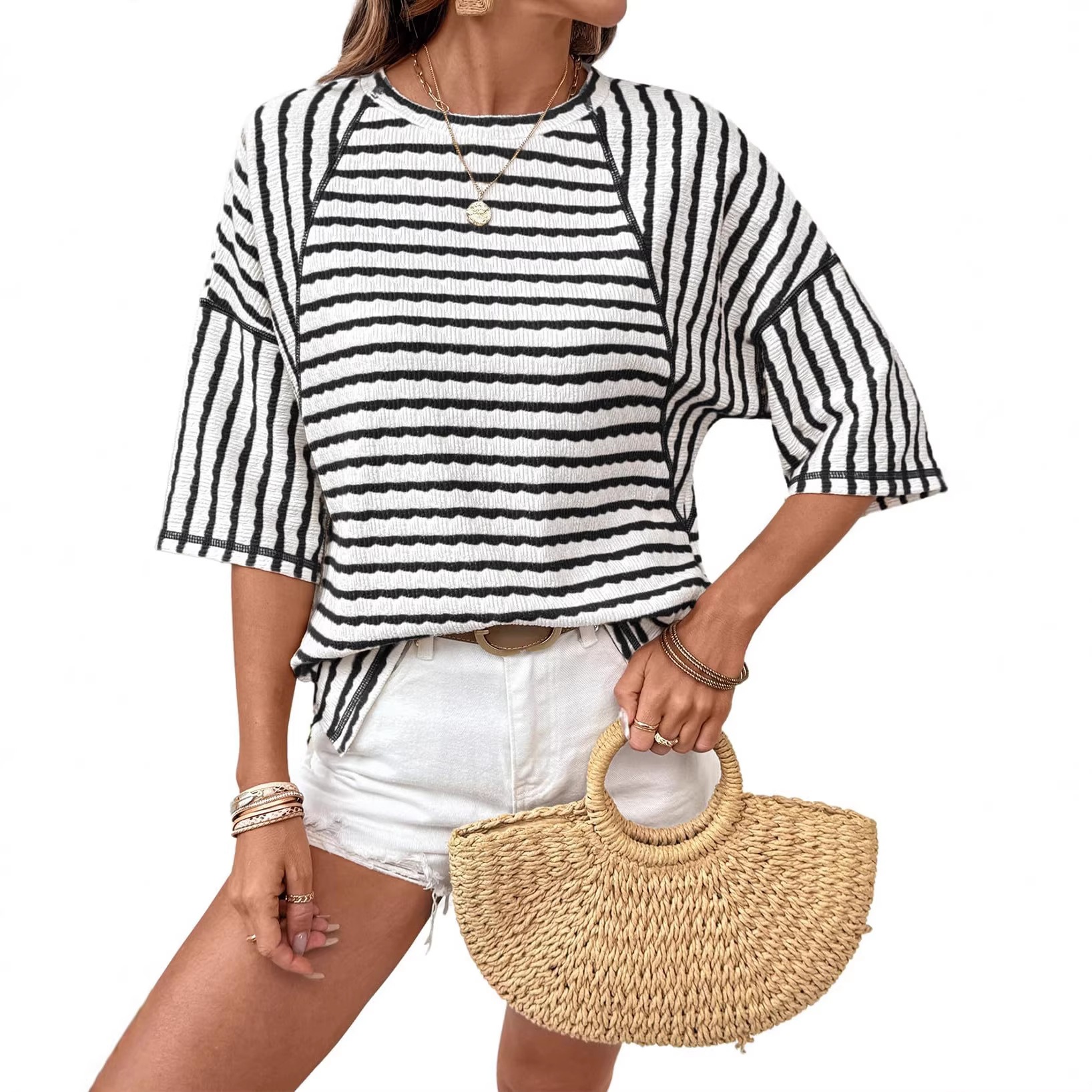 Women's Striped Short Sleeve Crewneck T-Shirt Casual Loose Fit