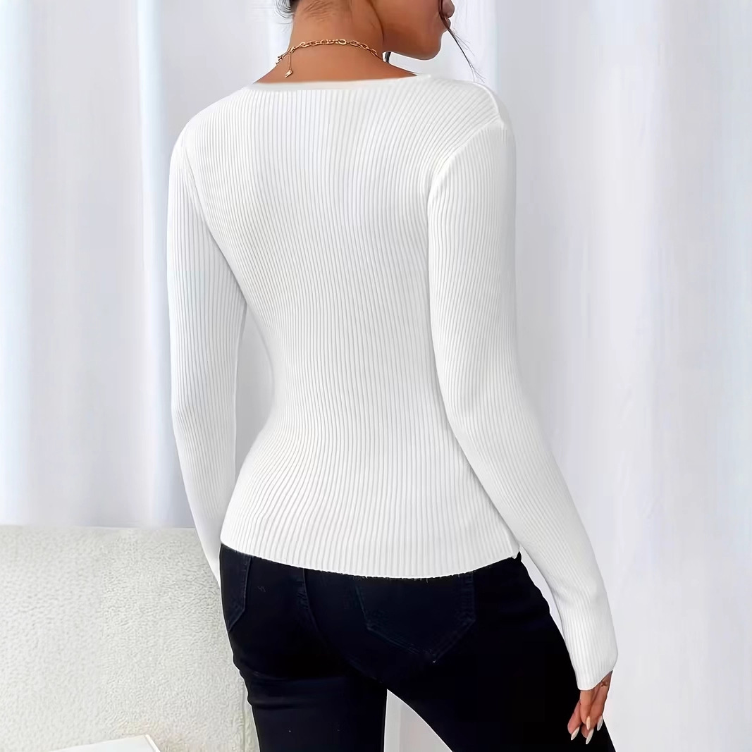 Women's V-Neck Lace Trim Long Sleeve Knit Top