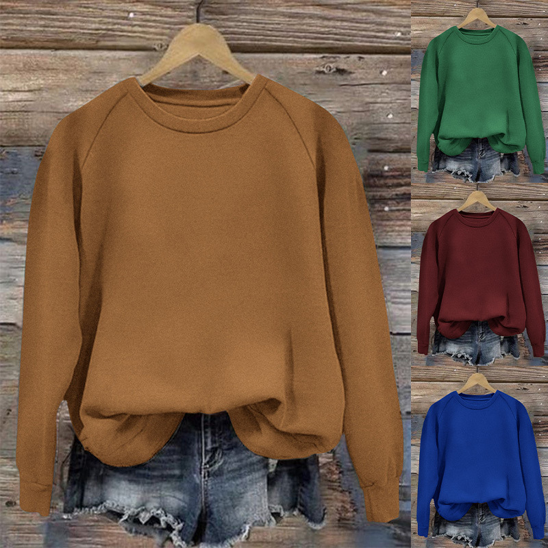 Women's Solid Crewneck Long Sleeve Loose Fit T-Shirt Top