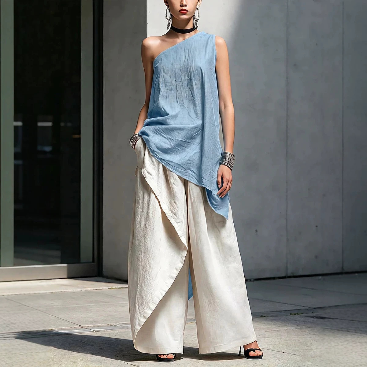 Asymmetric One-Shoulder Cotton-Linen Top Women's Loose Casual T-Shirt