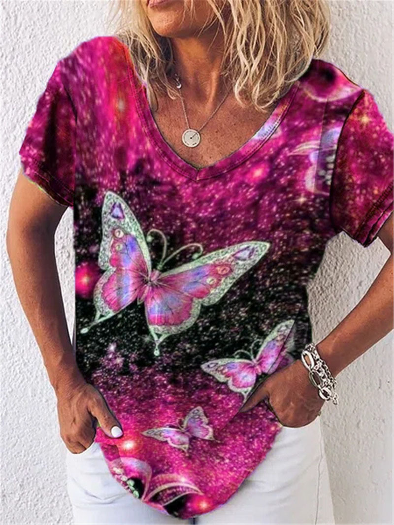 Women's V-Neck Butterfly Print Short Sleeve T-Shirt