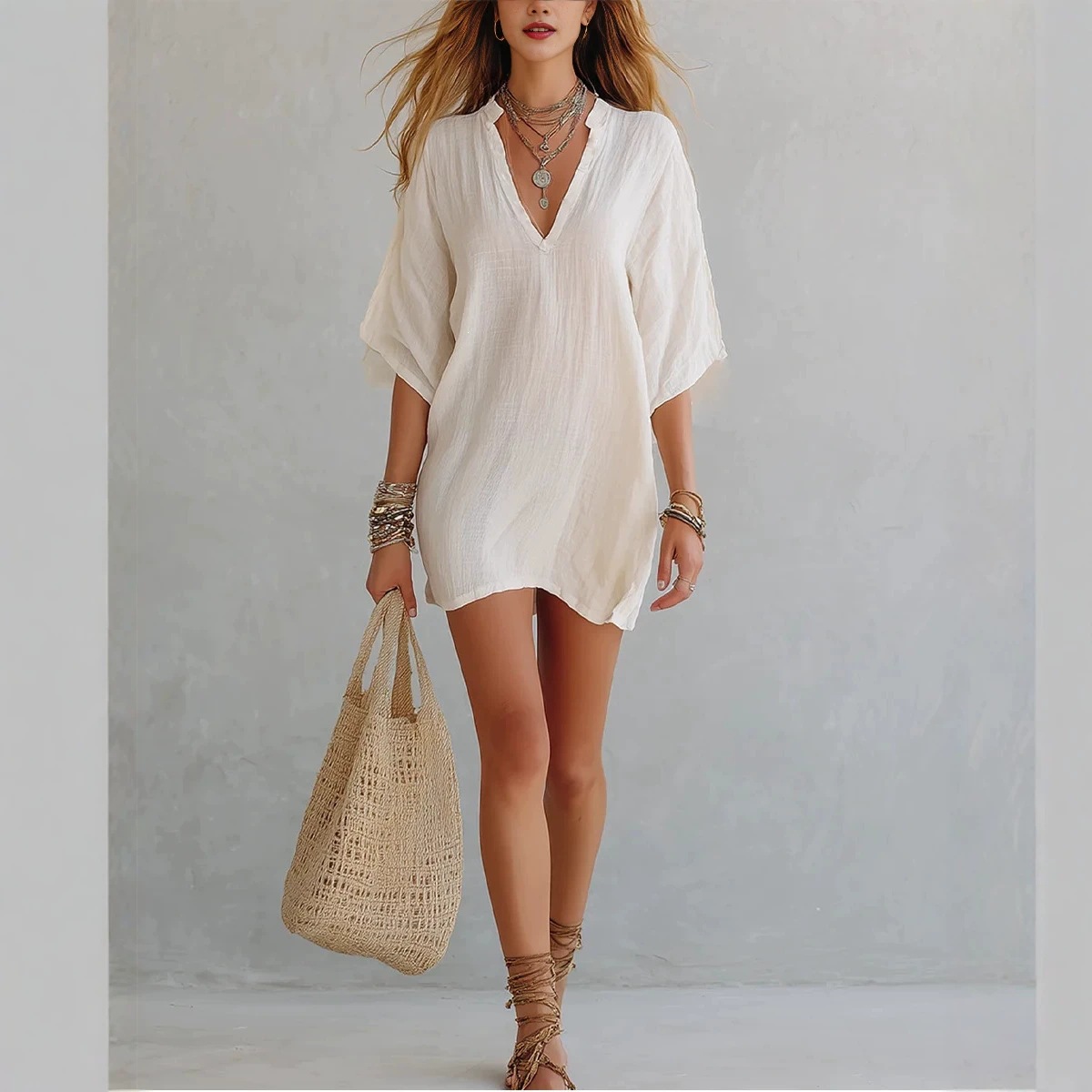 Women's V-Neck Loose Half-Sleeve Cotton-Linen T-Shirt Vacation Top