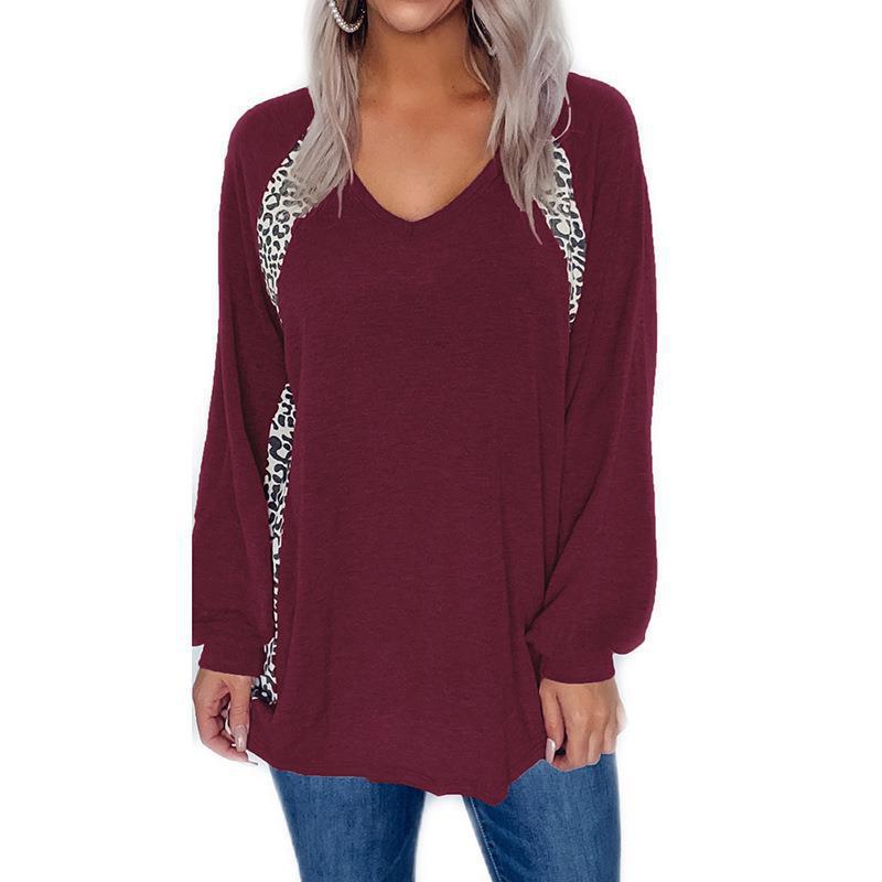 Women's Leopard Colorblock V-Neck Loose Long-Sleeve Pullover T-Shirt