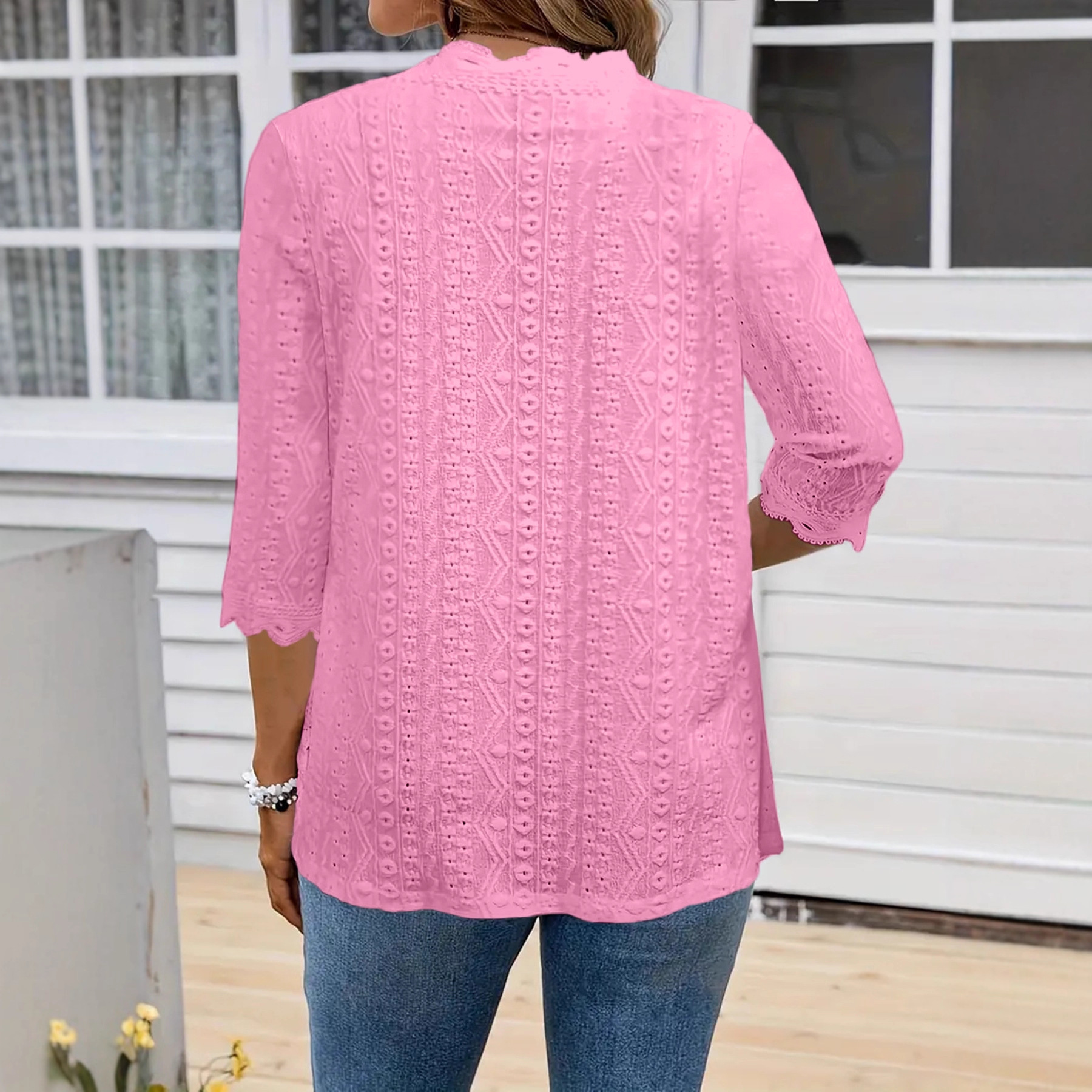 Women's Mid-Sleeve Open-Knit Cardigan with Hollow-Out Lace Collar