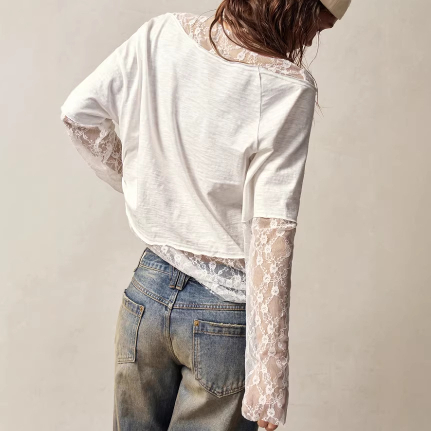 Bohemian One-Shoulder Long-Sleeve Lace-Cuff T-Shirt