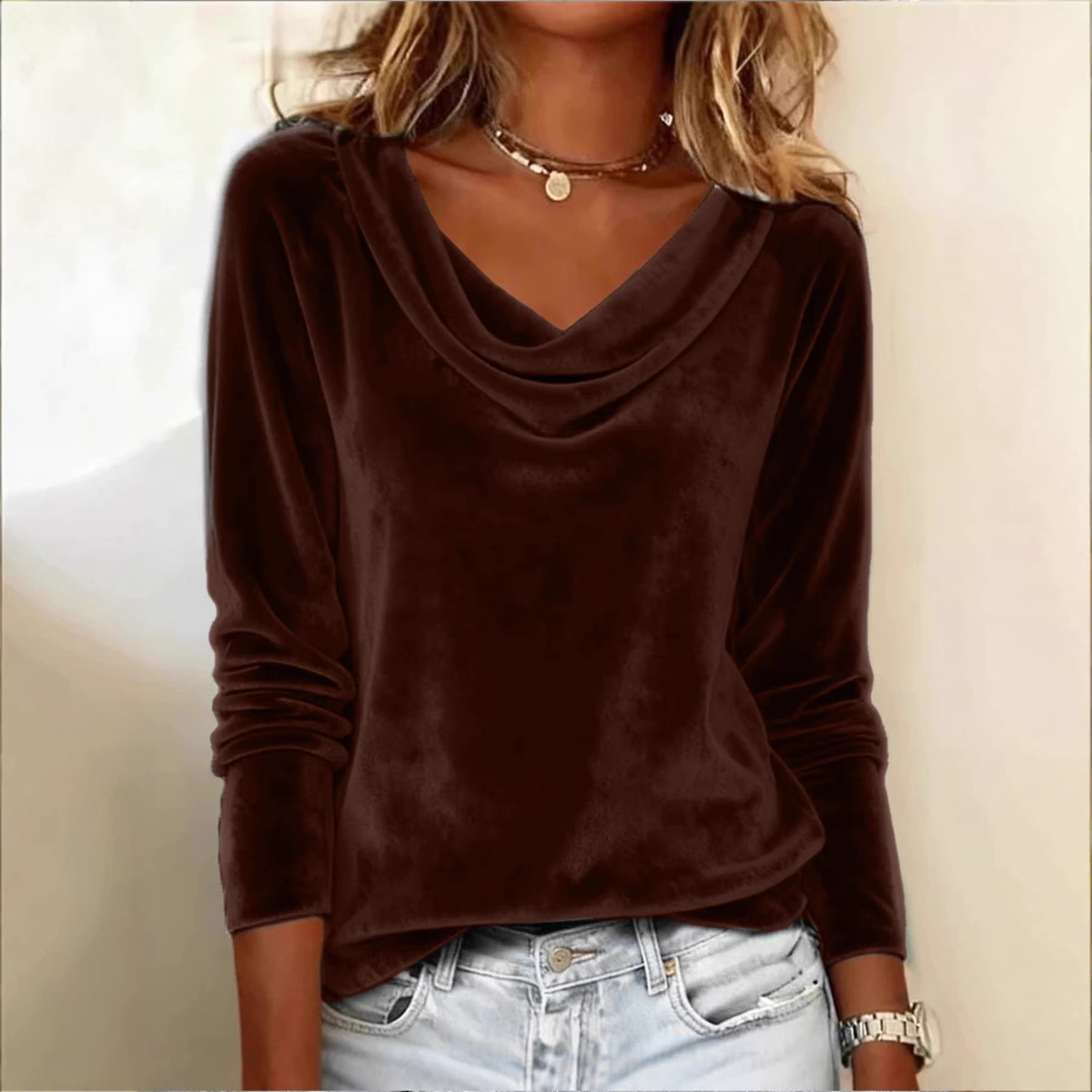 Women's Long Sleeve V-Neck Layered Top Solid Color Slim Fit