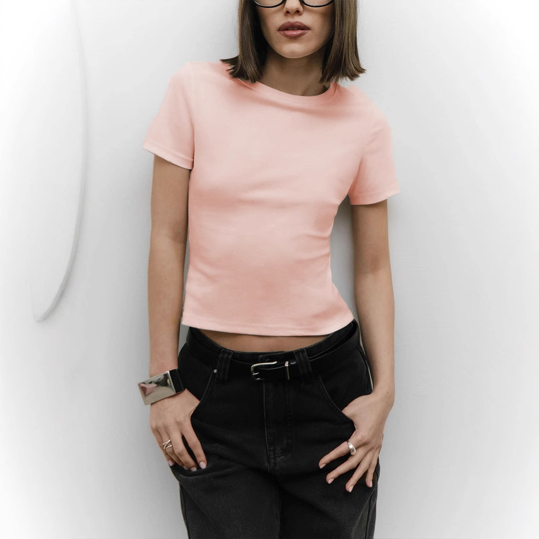 Women's Cropped Crewneck Short Sleeve T-Shirt Slim Fit Solid Color