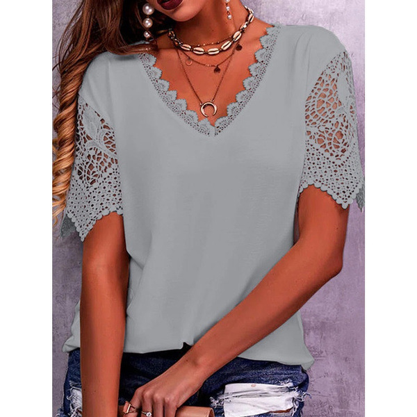 Women's Lace Trim Loose V-Neck Short Sleeve T-Shirt