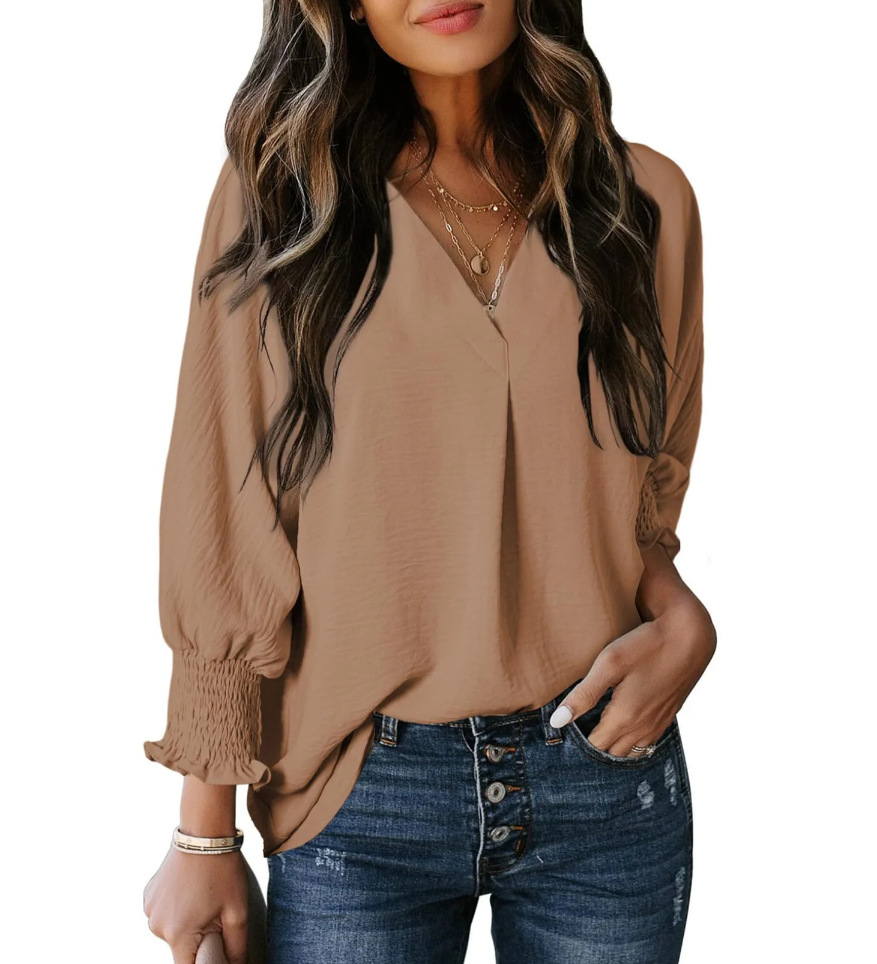 Women's V-Neck Long Sleeve Loose Blouse Top