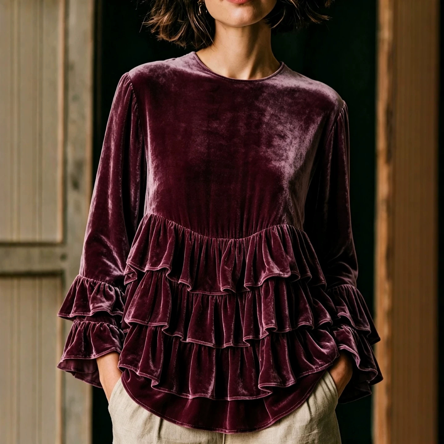 Women's Long Sleeve Ruffle Crewneck Solid Color Loose Casual T-Shirt