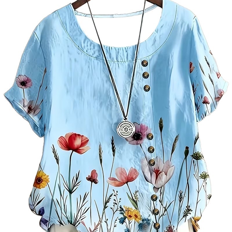 Women's Summer Novelty Print Crewneck Short Sleeve Button Top