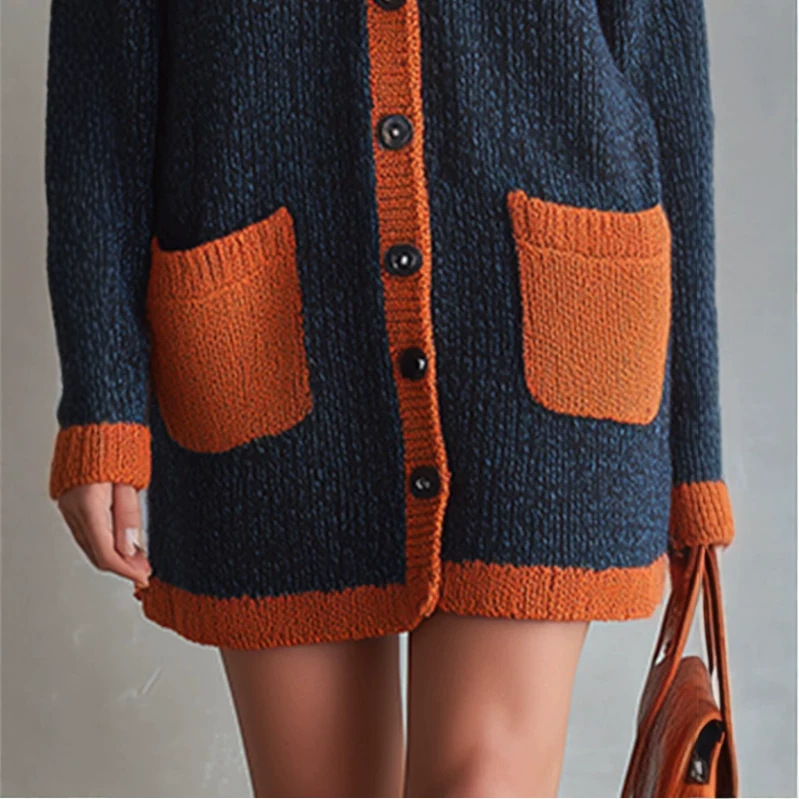 Retro Color-Block Trim Navy Mini Dress with Pockets and Buttons