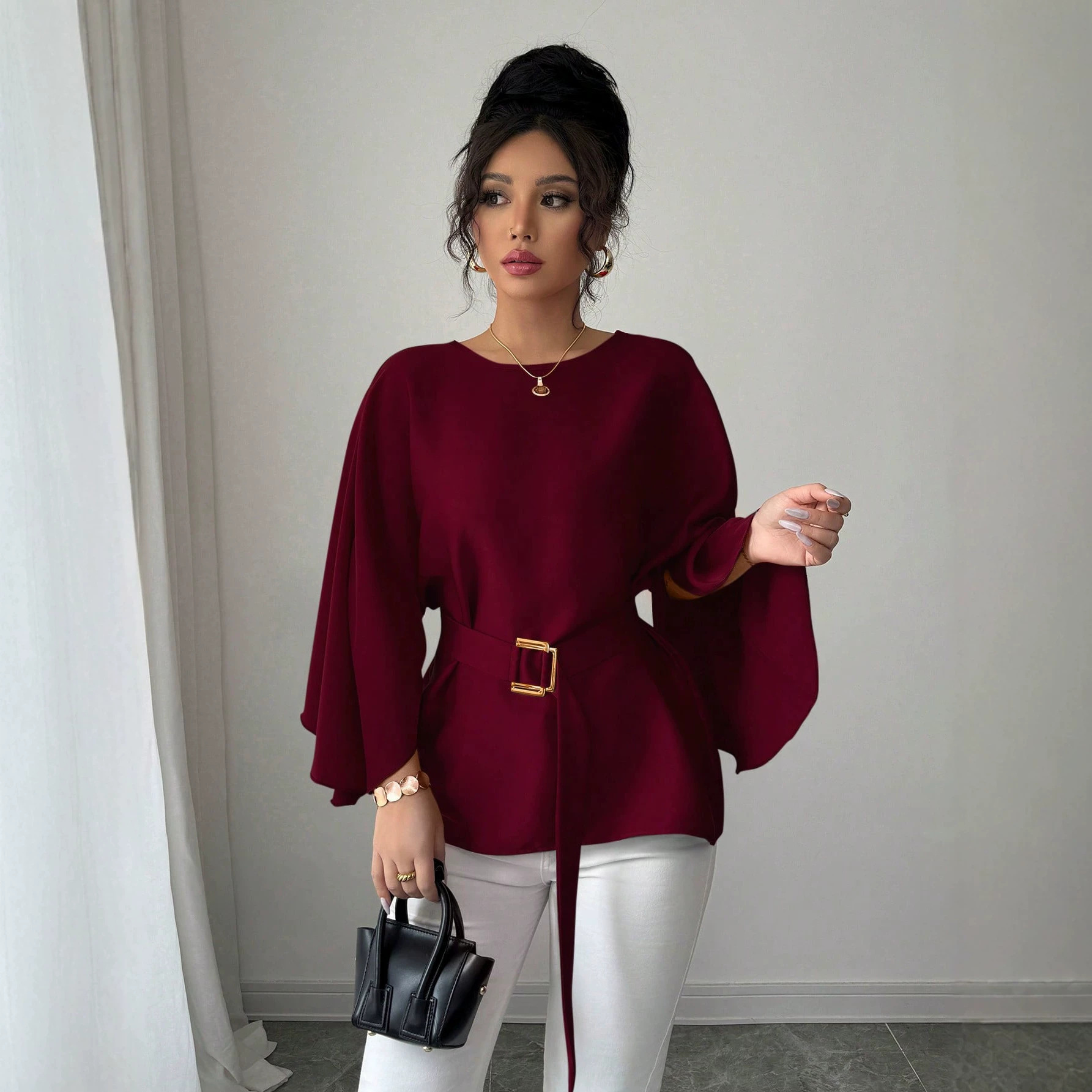 French Vintage Ruffle Sleeve Round Neck Slimming Top