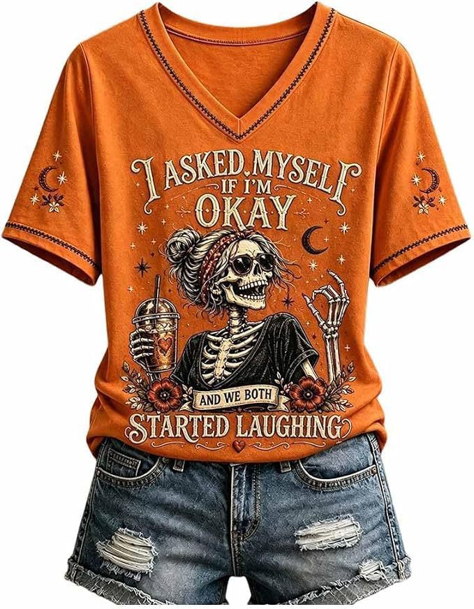Skull Goblet Letter Print V-Neck Short Sleeve Women's T-Shirt