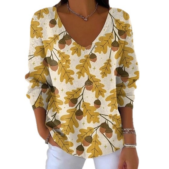 Colorful Leaf Striped V-Neck Long-Sleeve T-Shirt for Women