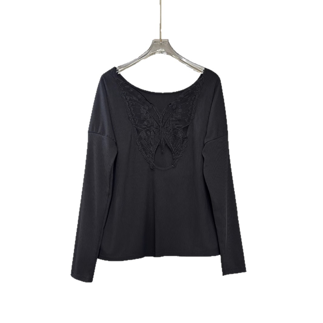 Ribbed Knit Sheer Long-Sleeve Crewneck Top