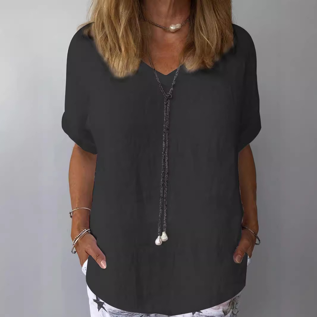 Women's Loose Fit Short Sleeve Printed Cotton Linen T-Shirt
