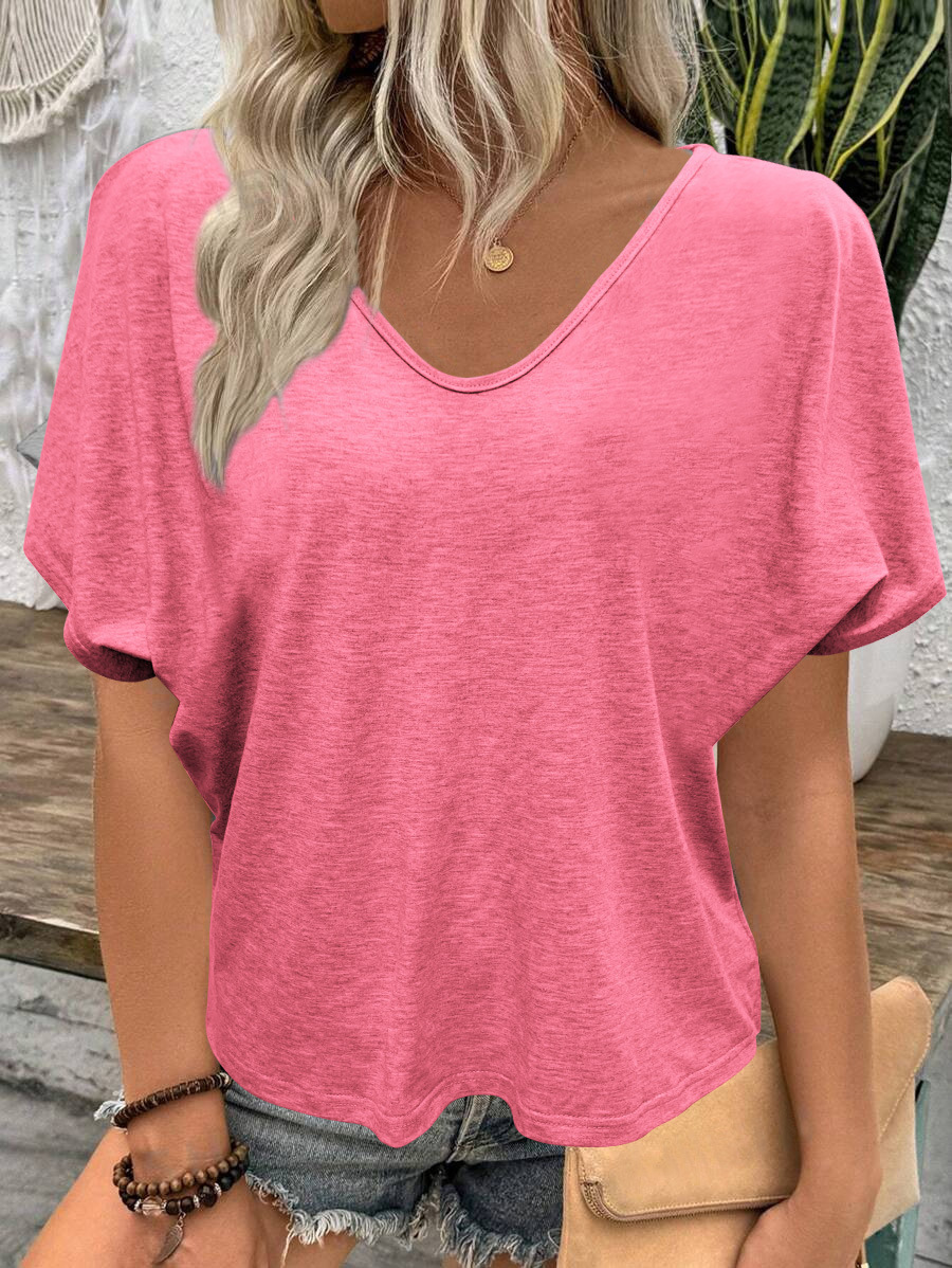 Women's Ruched V-Neck Short Sleeve T-Shirt Candy Color Loose Casual