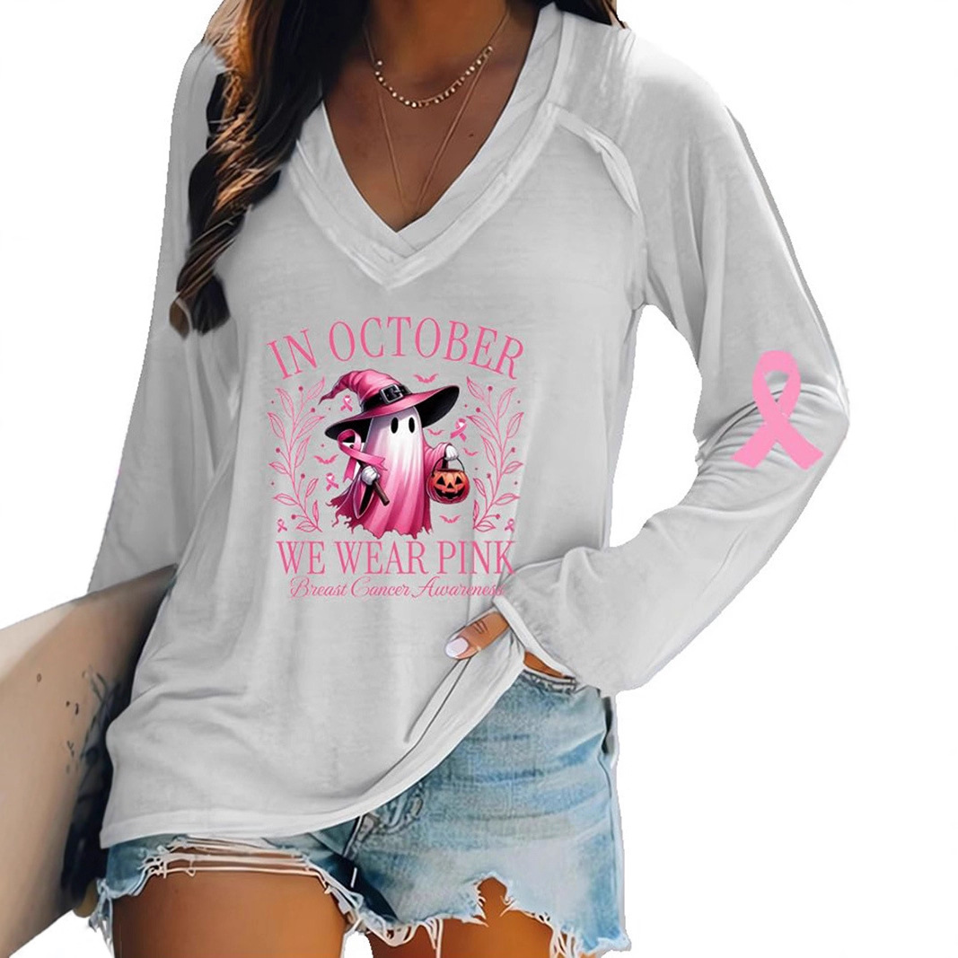 Women's V-Neck Long-Sleeve Halloween Pumpkin Ghost Ribbon Print T-Shirt