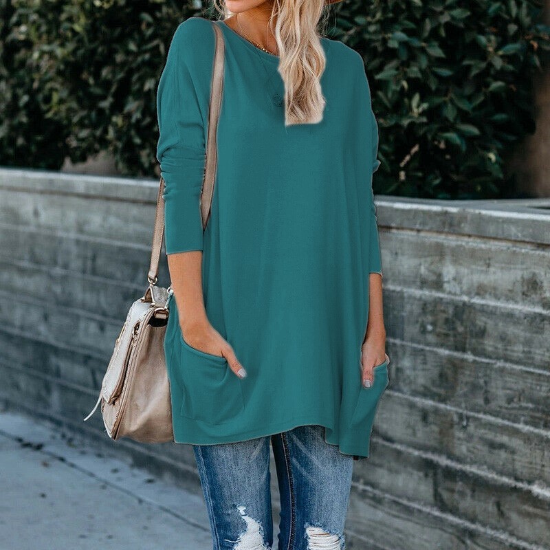 Women's Crewneck Long-Sleeve Pocket T-Shirt Plus Size