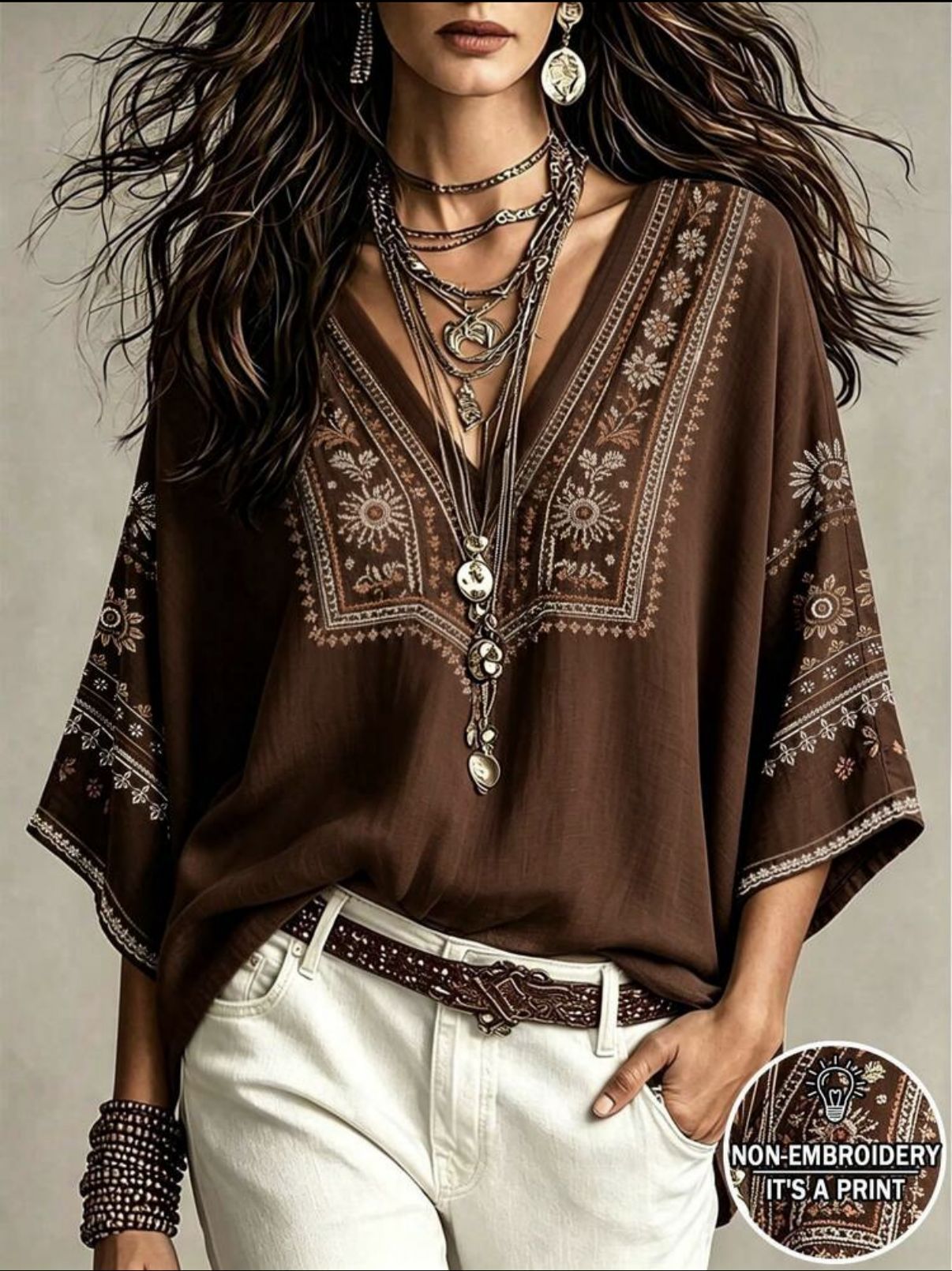 Women's Loose V-Neck Geometric Print Casual Shirt