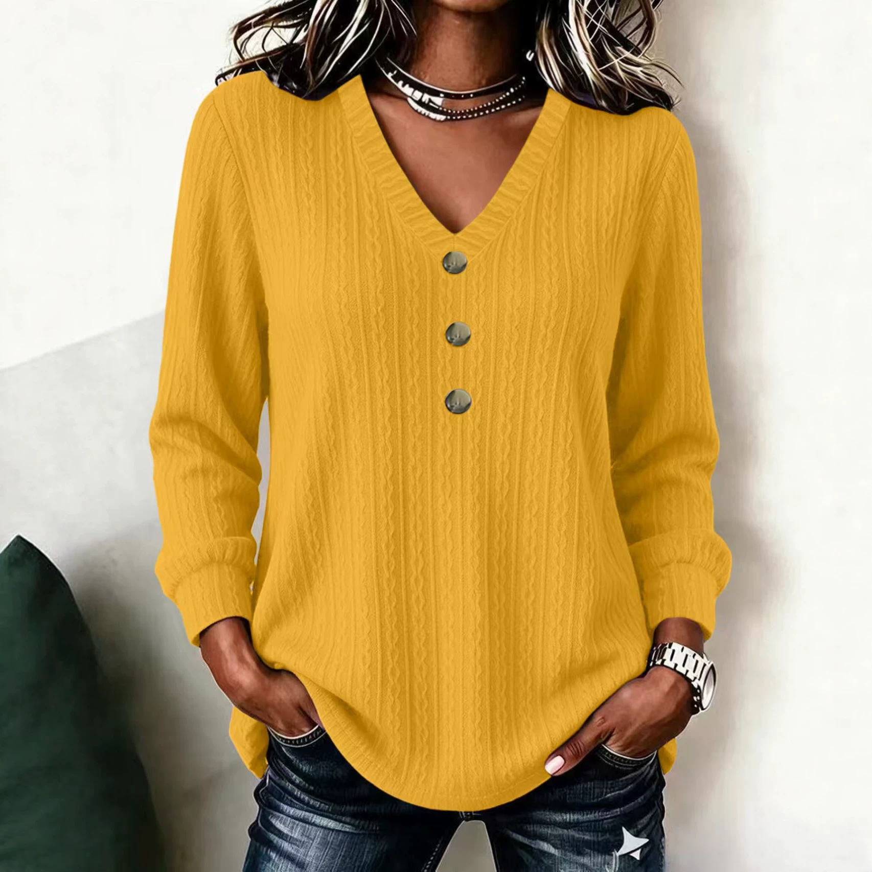 Cable Knit V-Neck Button Long Sleeve Sweater