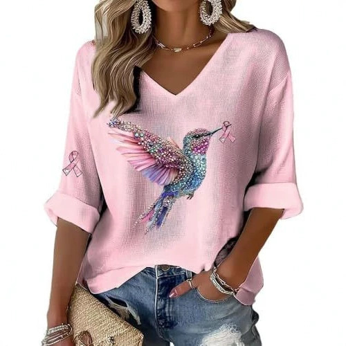Women's Bird Sparrow Ribbon Print V-Neck Half-Sleeve T-Shirt