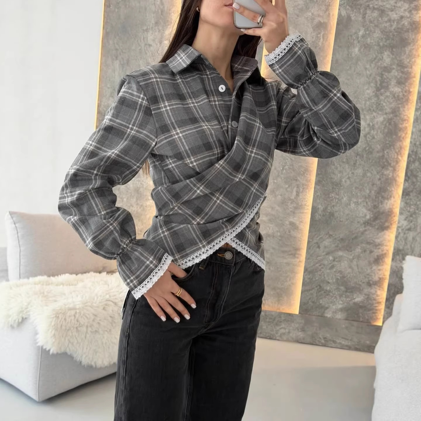 Women's Retro Plaid Long-Sleeve Polo Shirt