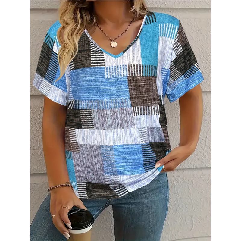 Women's Square Print V-Neck Short Sleeve T-Shirt